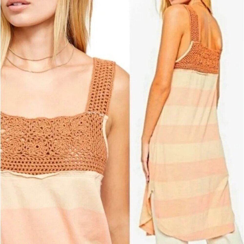 Free People Luca Crochet Stripe Tunic in Sayulita Sz S Cotton Linen Blend Boho - Picture 2 of 8